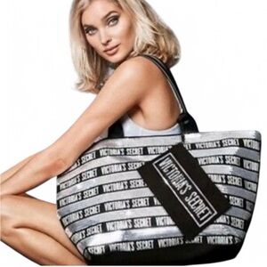 Victoria's Secret silver and black tote bag #glam 100%canvasSIZE:16”Hx 7”L x15”W